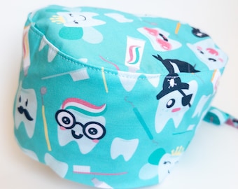 Men / Women Dental Scrub Cap, NINJA TOOTH, skullcap tie-back, oral surgeon, dentist, dental assistant, hygienist, Superior Scrub Caps