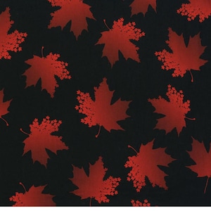 Peut inclure: Un tissu noir orné d'un motif répétitif de feuilles d'érable dans des nuances de rouge variées. Chaque feuille présente un effet de dégradé, passant d'un rouge profond et sombre à la base à un rouge plus clair et vif sur les bords.