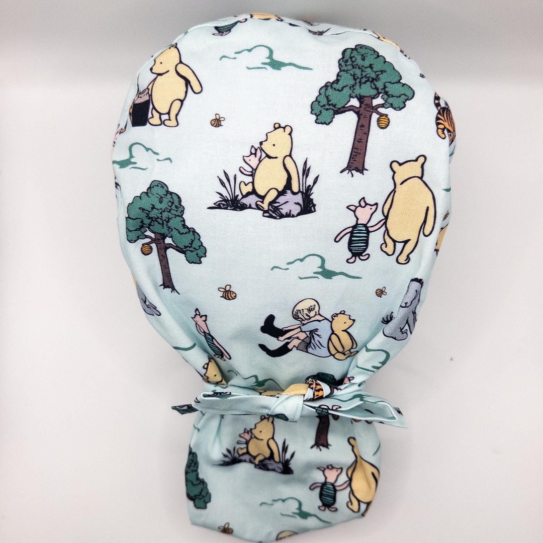 Winnie the Pooh Ponytail Scrub Cap: satin lined option, NICU nurse, paediatrics, Obstetrician-gynecologist, Superior Scrub Caps
