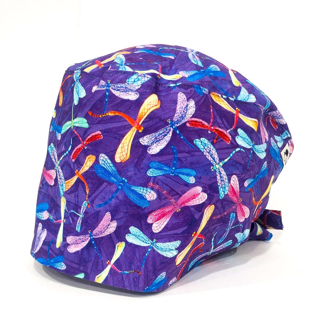 Womens Scrub Cap, Surgical Hat, DRAGON FLY, Long Hair Pixie Tieback