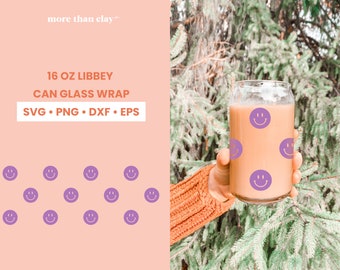Smiley Face Libbey Glass Can Wrap - Digitale Download SVG-bestanden voor Cricut &Silhouet - Retro Esthetische Wrap - 16oz Libbey Can Template