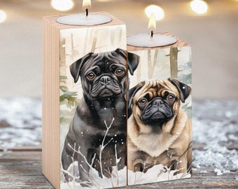 Snowy Pug Friends Wooden Candle Holder Set: Winter Holiday Decor