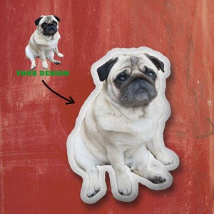 May include: A plush pillow shaped like a pug dog. The pillow is beige with a white outline and is sitting on a red background.