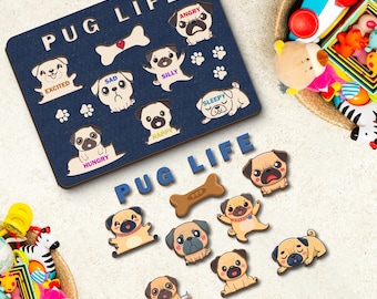 Pug Life Emotions Wooden Puzzle Board, Non-Toxic Wood Game Suitable for Children and Toddlers