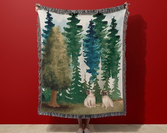 Pug Forest Cottagecore Woven Cotton Blankets | Fawn or Black Pugs | Comes in Three Sizes