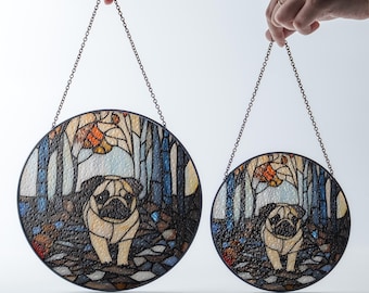 Pug Forest Glass Suncatcher for Window Hanging, Faux Stained Glass Style Ornament
