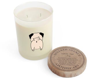 Pug Butt Candle: White Tea + Fig Scent, Soy Wax, Reusable Tumbler