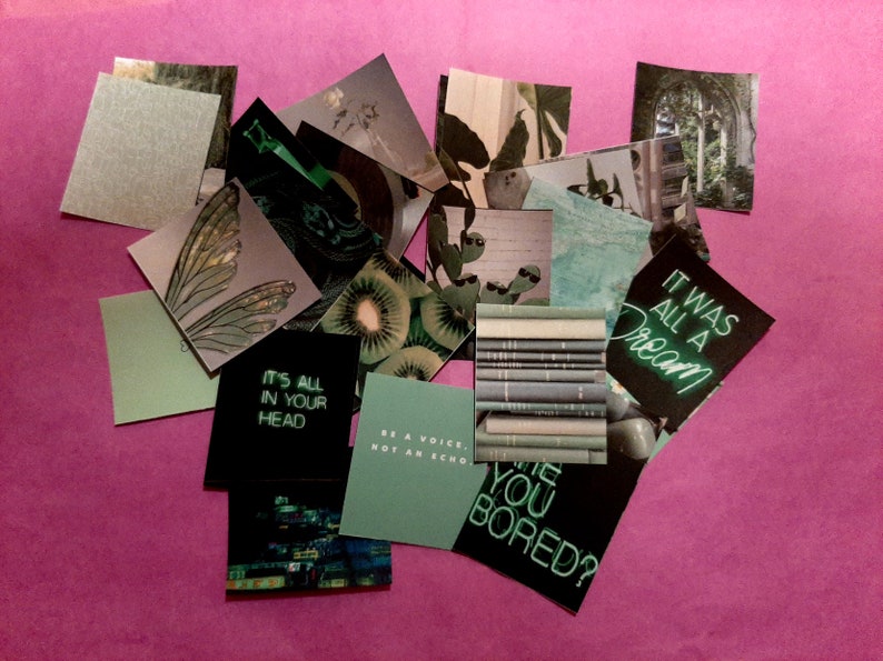 Może przedstawiać: Zbi&oacute;r zielonych i czarnych kart z wzorami i inspirującymi cytatami, w tym "To wszystko jest w twojej głowie" i "Bądź głosem, a nie echem".