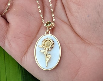 Sunflower Pendant on Birth Stone Necklace, Sunflower Necklace with Birth Stone, Birth Flower Necklaces for Women, Sunflower Charm Gift