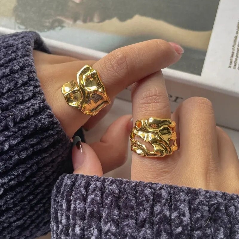 ADRAMATA Gold Rings For Women Girls 14K Gold Filled Chunky Ring Statement Ring Knuckle Finger Rings Stackable Thick Rings Double Layer Band Ring Gold Thumb Rings For Women Ladies Rings Gold Jewellery