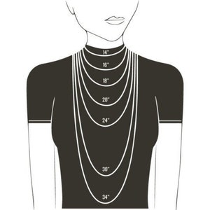May include: A diagram showing different necklace lengths on a model, ranging from 14 inches to 34 inches.
