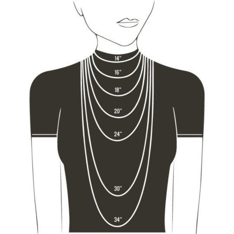 May include: A diagram showing different necklace lengths on a model, ranging from 14 inches to 34 inches.
