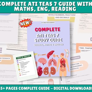 Könnte beinhalten: Ein Studienführer mit dem Titel "COMPLETE ATI TEAS 7 STUDY GUIDE" mit den Fächern Wissenschaft, Mathematik und Englisch. Der Leitfaden enthält anatomische Illustrationen und ein Inhaltsverzeichnis. Das Bild enthält auch den Text "65+ PAGES COMPLETE GUIDE - DIGITAL DOWNLOADS".