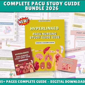 May include: A digital PACU nursing study guide bundle, including a yellow study guide, a red cheat sheet, and a pink quiz. The guides feature anatomical illustrations and the text "COMPLETE PACU STUDY GUIDE BUNDLE 2026" and "185+ PAGES COMPLETE GUIDE - DIGITAL DOWNLOADS".