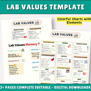Puede incluir: Una plantilla digital de valores de laboratorio con gráficos y elementos coloridos. La plantilla incluye secciones sobre valores endocrinos, líquido cefalorraquídeo, hemograma completo y más. El texto incluye "Lab Values Template" y "02+ páginas completas editables - descargas digitales".