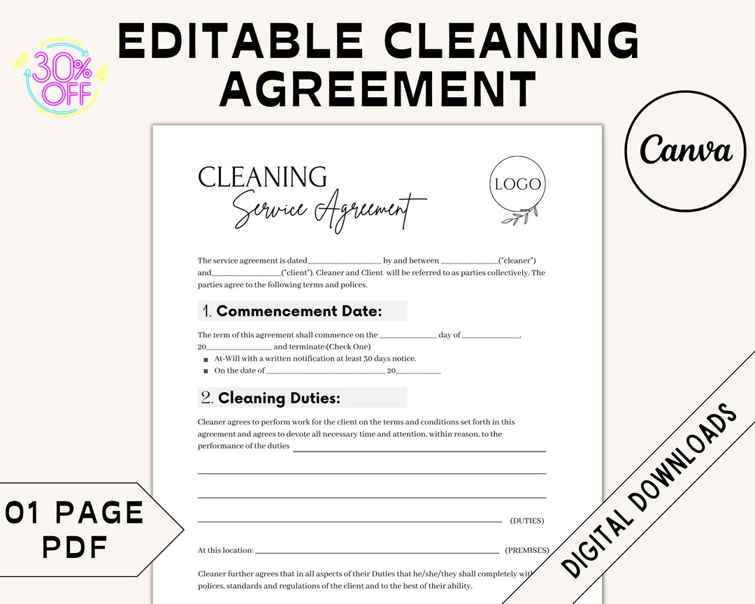 Editable Cleaning Service Agreement Cleaning Contract Cleaning Service Cleaning Business