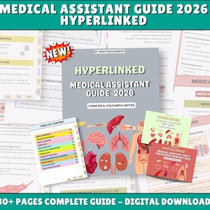Könnte beinhalten: Eine Sammlung digitaler Leitfäden für medizinische Fachangestellte. Der Hauptleitfaden trägt den Titel "Medical Assistant Guide 2026 Hyperlinked" mit "Concise & Colourful Notes". Weitere Leitfäden sind "Medical Assistant 300 K Prescribed Medicine 2020".