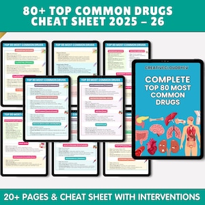 以下が含まれることがあります： 医療チートシートを表示するデジタルタブレットのコレクション。タブレットには「80+ TOP COMMON DRUGS CHEAT SHEET 2025-26」と「COMPLETE TOP 80 MOST COMMON DRUGS」の文字が表示されています。画像には解剖学的イラストと「BEST SELLER」の文字が含まれています。