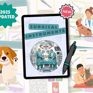 以下が含まれることがあります： 獣医で使用される外科用器具について説明したカラフルなインフォグラフィックが表示されたデジタルタブレット。インフォグラフィックには、ピンセット、ハサミ、メスなど、さまざまな器具のイラストと、それらの使用方法の説明が示されています。タブレットは、犬と猫を診察する獣医の画像で囲まれています。