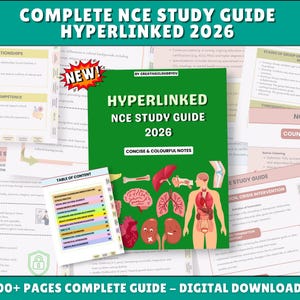 May include: A digital study guide for the NCE exam, titled "HYPERLINKED NCE STUDY GUIDE 2026." The cover is green with white text and includes anatomical illustrations. Additional pages display study notes and a table of contents.
