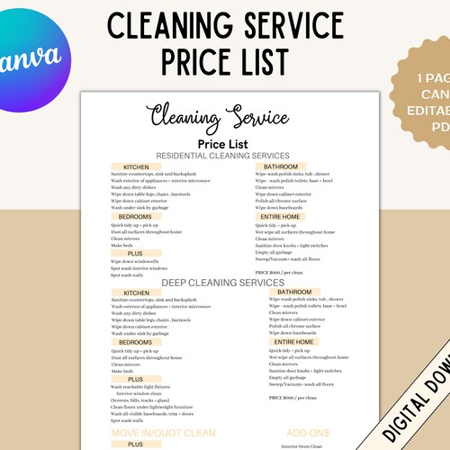 Editable Cleaning Service Price List Cleaning Agreement Etsy