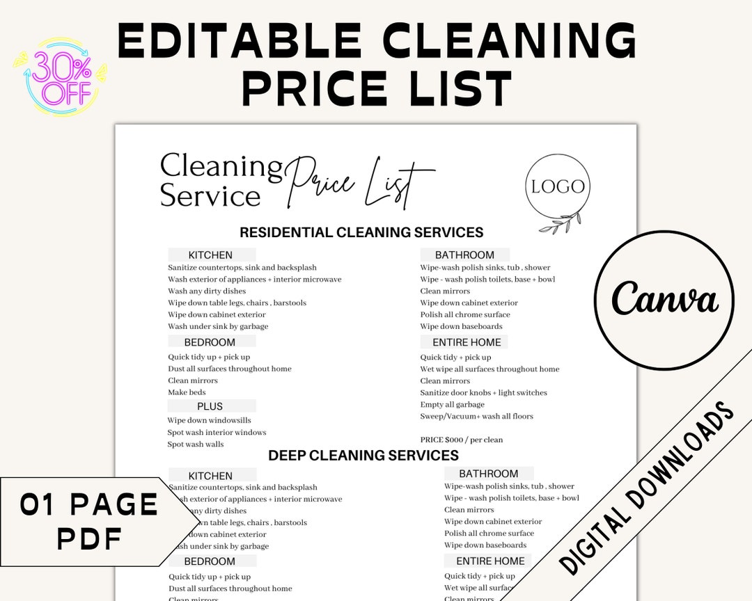 Editable Cleaning Service Price List Cleaning Agreement Cleaning Service Cleaning Business