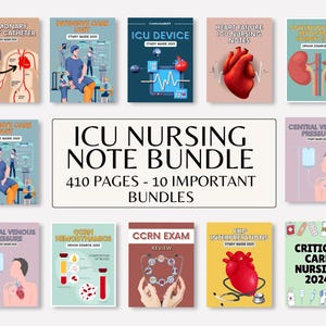 May include: A collection of ten study guides for ICU nursing, with a total of 410 pages. The guides cover topics such as pulmonary artery catheter, heart failure, and critical care nursing. The covers feature illustrations and text.
