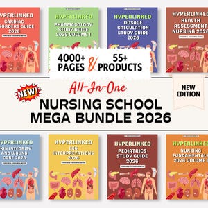 May include: A collection of nursing study guides, including titles like "Cardiac Disorders Guide 2026" and "Pharmacology Study Guide 2026 Volume I." The image features the text "Nursing School Mega Bundle 2026" and "New Edition."