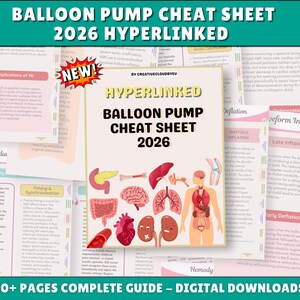 May include: A digital Balloon Pump Cheat Sheet 2026 guide featuring medical illustrations of human organs including the heart, lungs, brain, and kidneys. The cover displays the title, a NEW starburst icon, and various pages with clinical text.