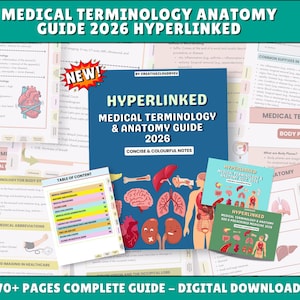 以下が含まれることがあります： 医学用語と解剖学に関するデジタルガイドのコレクション。「Hyperlinked Medical Terminology & Anatomy Guide 2026」と題されたメインガイドには、簡潔でカラフルなメモが記載されています。他のガイドも含まれています。