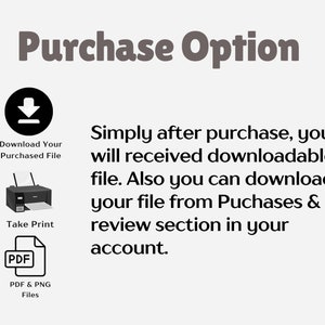 Puede incluir: Ilustraci&oacute;n de un icono de descarga, una impresora y un archivo PDF. El texto dice "Opci&oacute;n de compra", "Descarga tu archivo comprado", "Imprime", "Archivos PDF y PNG", y "Simplemente despu&eacute;s de la compra, recibir&aacute;s un archivo descargable. Tambi&eacute;n puedes descargar tu archivo desde la secci&oacute;n Compras y rese&ntilde;as de tu cuenta."