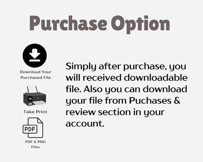 Puede incluir: Ilustraci&oacute;n de un icono de descarga, una impresora y un archivo PDF. El texto dice "Opci&oacute;n de compra", "Descarga tu archivo comprado", "Imprime", "Archivos PDF y PNG", y "Simplemente despu&eacute;s de la compra, recibir&aacute;s un archivo descargable. Tambi&eacute;n puedes descargar tu archivo desde la secci&oacute;n Compras y rese&ntilde;as de tu cuenta."