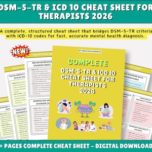 May include: A digital cheat sheet titled "DSM-5-TR & ICD 10 Cheat Sheet for Therapists 2026." The cover is yellow with the title in green and white. Additional pages with disorder information are visible. The text reads "30+ Pages Complete Cheat Sheet - Digital Downloads."