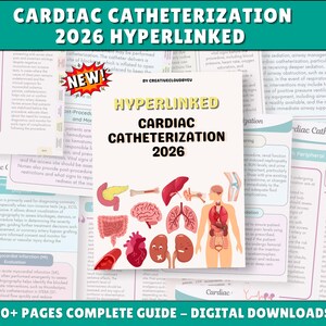May include: A digital guide titled Cardiac Catheterization 2026 Hyperlinked, featuring a central cover with anatomical illustrations of human organs including the heart, brain, lungs, and kidneys, surrounded by multiple pages of medical text content.