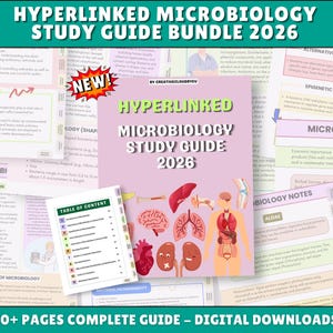 Puede incluir: Un paquete de guías de estudio digitales para microbiología, titulado "Hyperlinked Microbiology Study Guide 2026". La guía presenta una portada rosa con ilustraciones anatómicas y el texto "NEW!". El paquete incluye más de 80 páginas de descargas digitales.