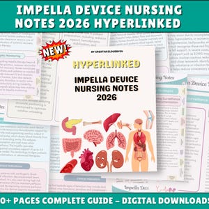 May include: A digital guide titled Impella Device Nursing Notes 2026 Hyperlinked, featuring medical text and anatomical illustrations of human organs including the heart, brain, lungs, and kidneys, presented on a white background with pastel accents.