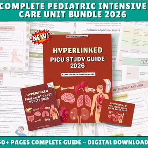 Pode incluir: Um pacote de guias de estudo digitais para unidades de terapia intensiva pediátrica. O guia principal é intitulado "Hyperlinked PICU Study Guide 2026" com "Notas concisas e coloridas". Também inclui um pacote de folhas de dicas e uma folha de dicas.