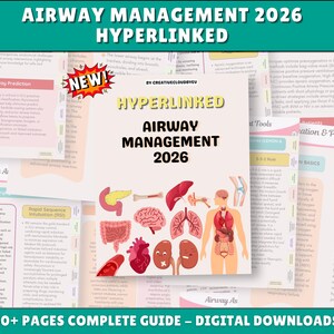 Può includere: Una guida digitale intitolata Airway Management 2026 Hyperlinked, che presenta una copertina centrale con illustrazioni anatomiche di organi umani e un sistema corporeo, circondata da diverse pagine di testo medico, grafici e informazioni.