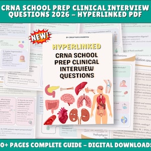 Peut inclure: Un guide numérique intitulé "CRNA School Prep Clinical Interview Questions 2026 - Hyperlinked PDF". La couverture présente des illustrations anatomiques et le texte "70+ Pages Complete Guide - Digital Downloads."