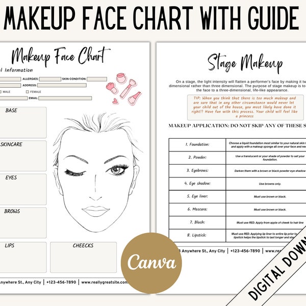 Editable Makeup Face Chart - Face Makeup Chart - Makeup Artist Form - Makeup Face Template - Freelance Makeup - Face Chart - Makeup Artist