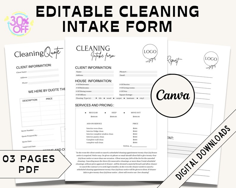 Editable Cleaning Intake Form Cleaning Service Contract Residential Cleaning Cleaning Business