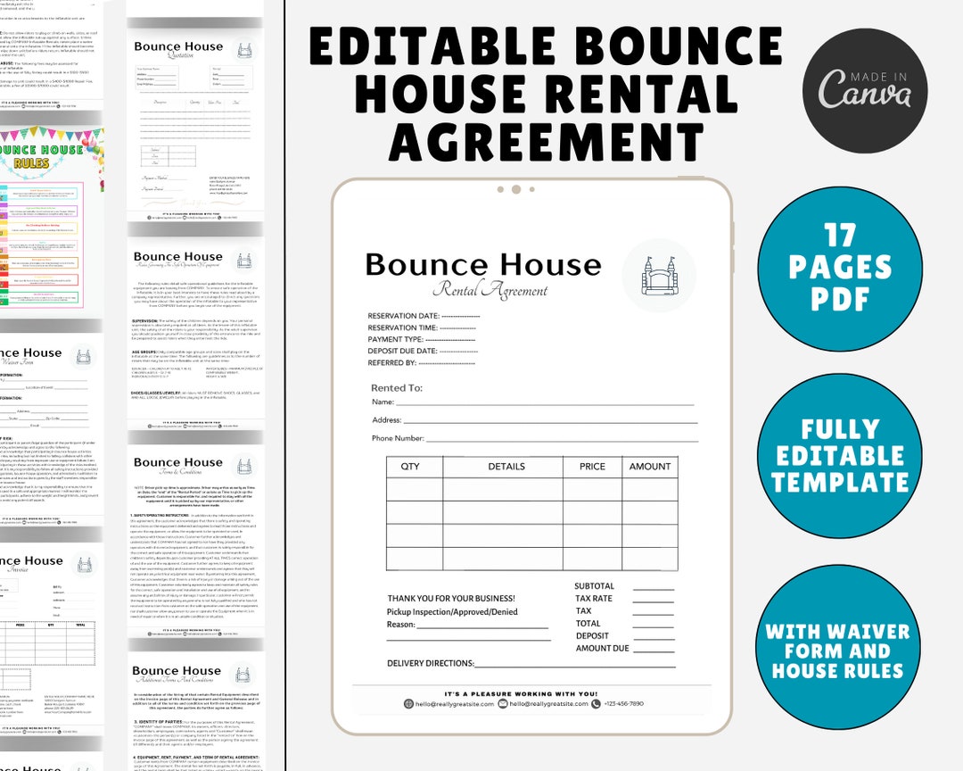 Editable Bounce House Rental Agreement, Rental Contract Agreement