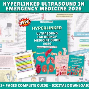 May include: A digital guide titled "Hyperlinked Ultrasound in Emergency Medicine 2026" with the text "Concise & Colourful Notes." The guide includes anatomical diagrams and a table of contents. The image also includes a "Cheat Sheet."