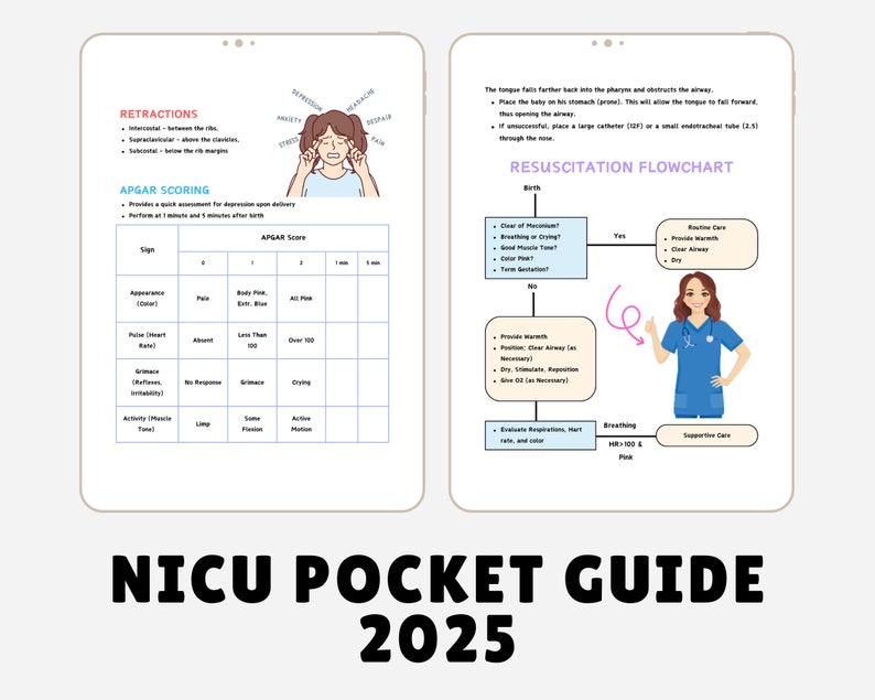 Puede incluir: Una gu&iacute;a para las enfermeras de la unidad de cuidados intensivos neonatales (UCIN). La gu&iacute;a incluye un diagrama de flujo para la reanimaci&oacute;n y una tabla de puntuaci&oacute;n APGAR. La gu&iacute;a se titula "Gu&iacute;a de bolsillo UCIN 2025".