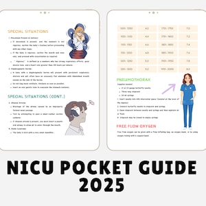 Puede incluir: Una gu&iacute;a ilustrada en azul y blanco para enfermeras de la unidad de cuidados intensivos neonatales (UCIN). La gu&iacute;a incluye informaci&oacute;n sobre situaciones especiales, neumot&oacute;rax y ox&iacute;geno de flujo libre. La gu&iacute;a se titula "Gu&iacute;a de bolsillo de la UCIN 2025".