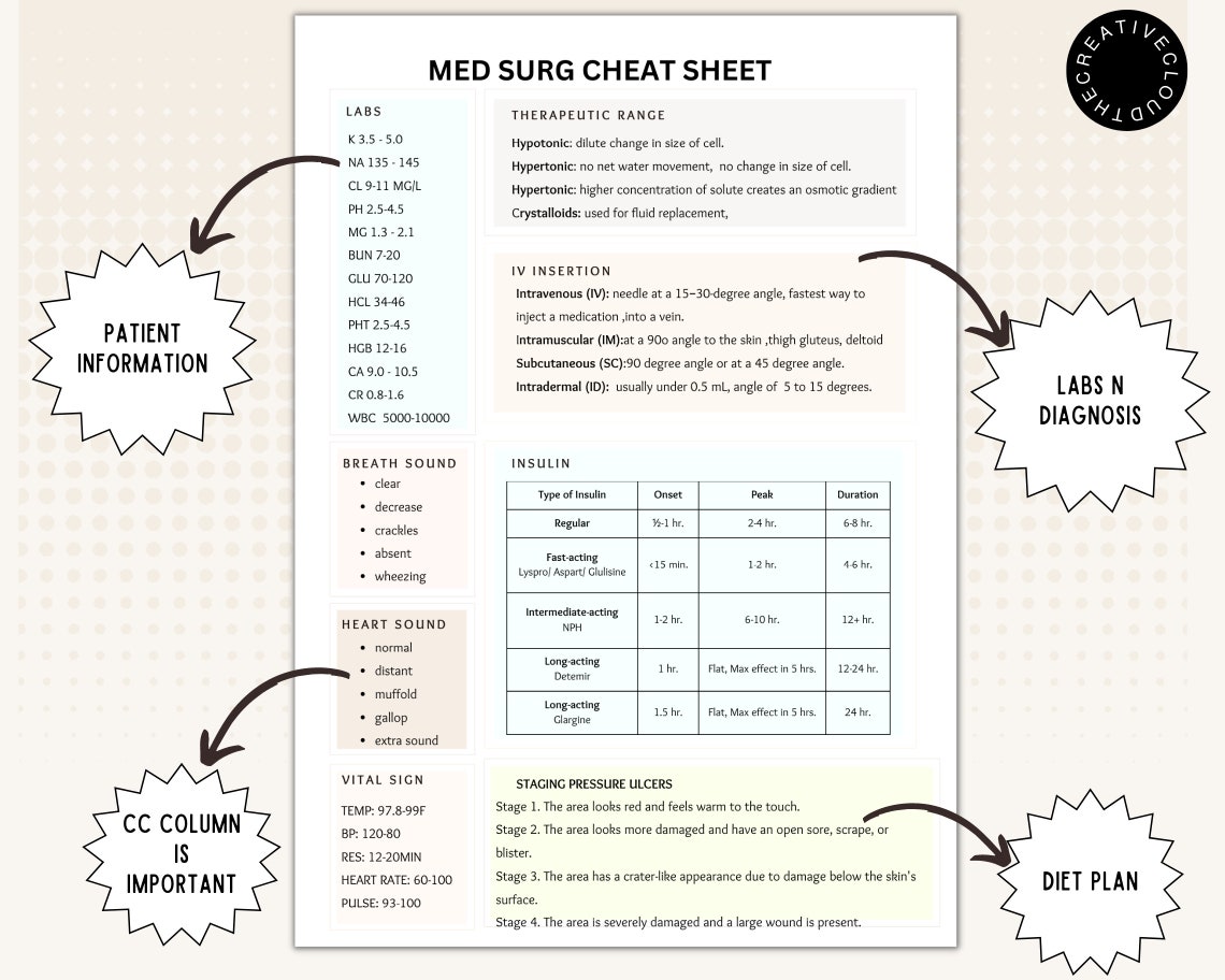 Med Surg Cheat Sheet Med Surg Template Nursing Essentials Etsy