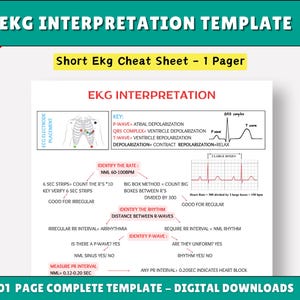 May include: A white EKG interpretation template with the title "EKG INTERPRETATION TEMPLATE" and the text "Short Ekg Cheat Sheet - 1 Pager". The template includes diagrams and text explaining EKG interpretation.