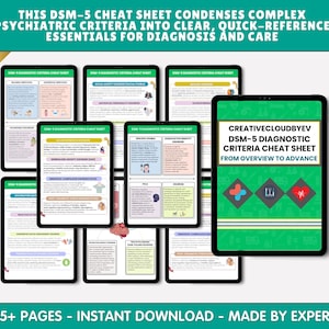 Peut inclure: Plusieurs écrans numériques affichent des informations sur les critères psychiatriques, avec le texte "DSM-5 Diagnostic Criteria Cheat Sheet". L'image comprend le texte "Best Seller" et "05+ Pages - Instant Download - Made by Expert".