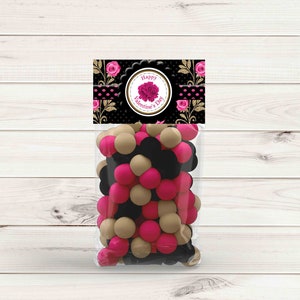 Happy Valentine&#39;s Day Gold Pink Roses and Carnation Snack Bag Toppers - JPEG and PDF File - Instant Download