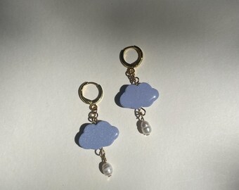 Periwinkle Cloud Handmade Polymer Clay Bead Earrings with Freshwater Pearls